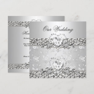 Invitación Boda elegante corazón de diamante blanco plateado