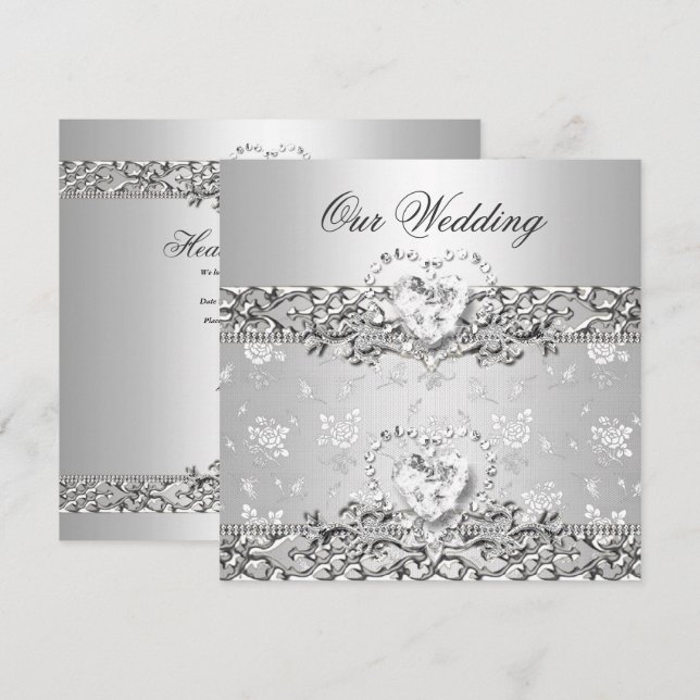 Invitación Boda elegante corazón de diamante blanco plateado (Anverso / Reverso)