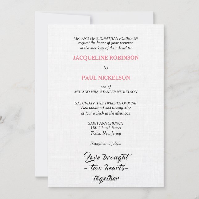 Invitación Boda elegante corazones rosados blancos dos (Anverso)