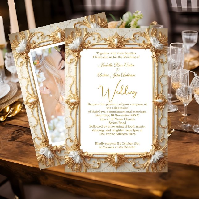 Invitación Boda elegante Cream Beige Gold Photo (Subido por el creador)