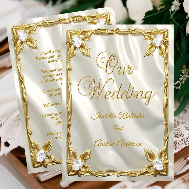 Invitación Boda elegante crema blanco seda falsa oro diamante (Subido por el creador)