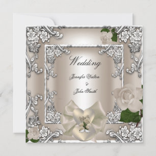 Invitación Boda elegante crema rosa plata blanca