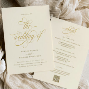 Invitación Boda elegante crema y oro todo en uno