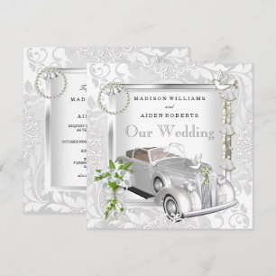 Invitación Boda elegante damasco blanco oro vintage coche 2