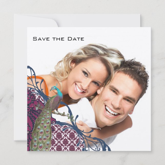 Invitación Boda elegante damasco pavón azul marino y baya (Anverso)