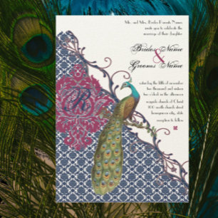 Invitación Boda elegante damasco pavón azul marino y baya
