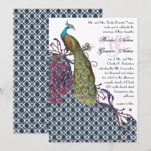 Invitación Boda elegante damasco pavoreal azul marino y framb