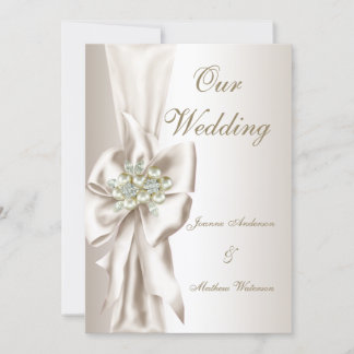 Invitación Boda elegante damasco perla crema blanca lazo 2