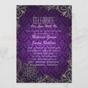 Invitación boda elegante damasco púrpura moderno