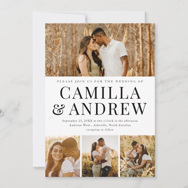 Invitación Boda elegante de 4 Collages de fotos moderna (Anverso)