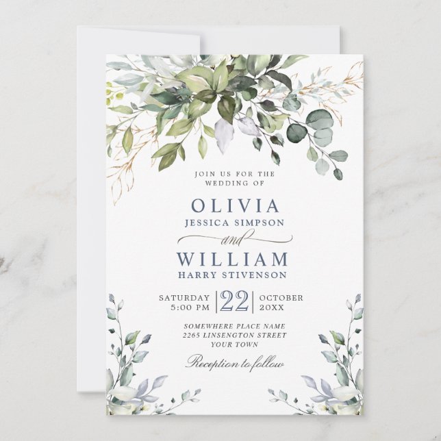 Invitación Boda elegante de acuarela con eucalipto verde (Anverso)