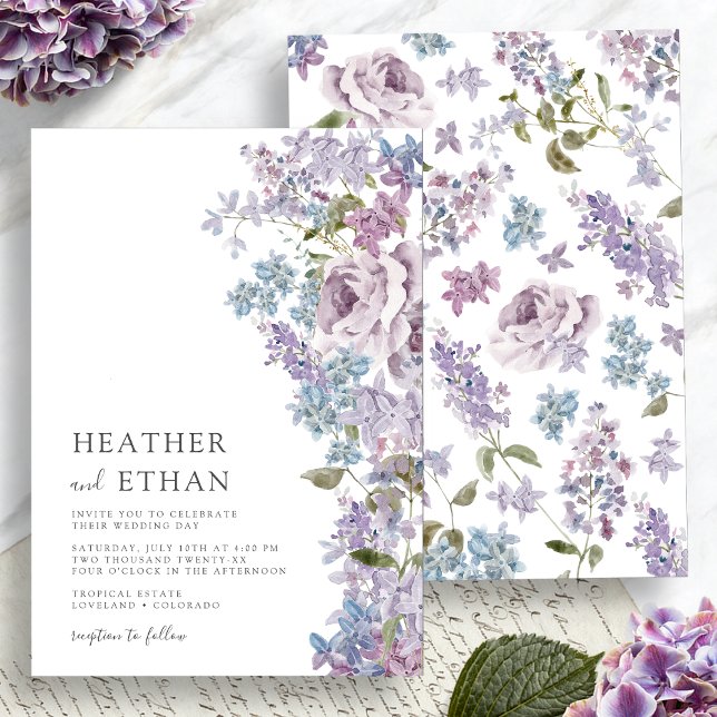 Invitación Boda elegante de acuarela con lilas (Elegant Watercolor Purple Lilac Wedding Invitation by Painted Paperie
)