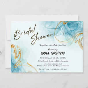Invitación Boda elegante de acuarela en oro azul y blanco