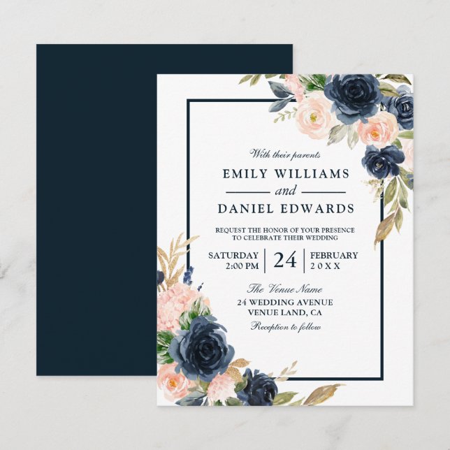 Invitación Boda elegante de acuarela floral de Marina y Rubor (Anverso / Reverso)