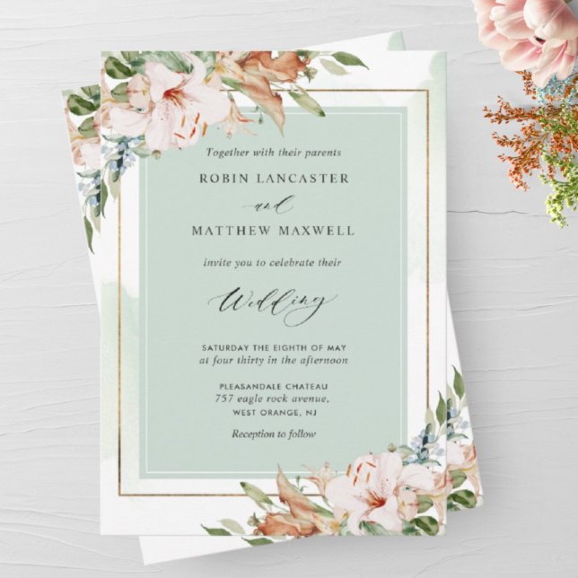 Invitación Boda elegante de acuarela verde y floral terroso (Subido por el creador)