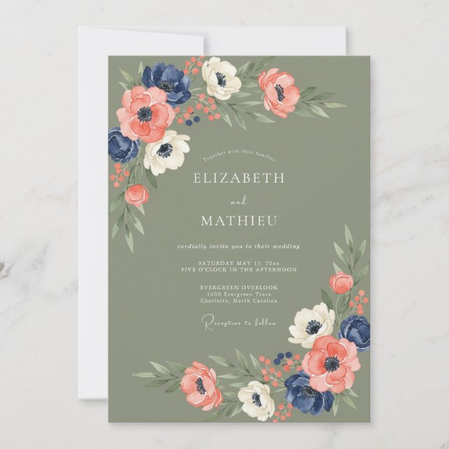 Invitación Boda elegante de anemona verde salvia y navy (Anverso)