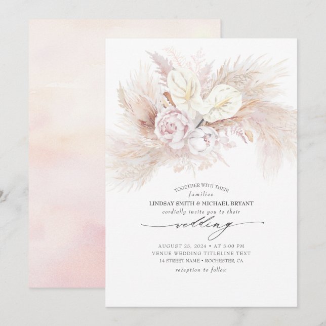 Invitación Boda elegante de Antrurio Blanco y Pampas (Anverso / Reverso)