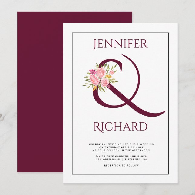 Invitación Boda elegante de arañas burdeos y rosa rosa (Anverso / Reverso)