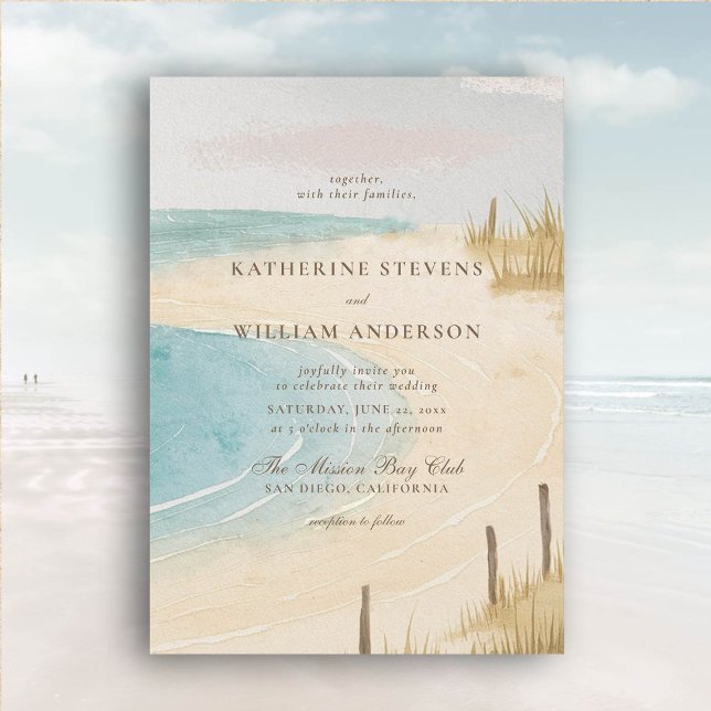 Invitación Boda elegante de arte del cielo de los océanos de  (beach wedding invitation dreamy watercolor ocean fence grass nature formal modern classic)