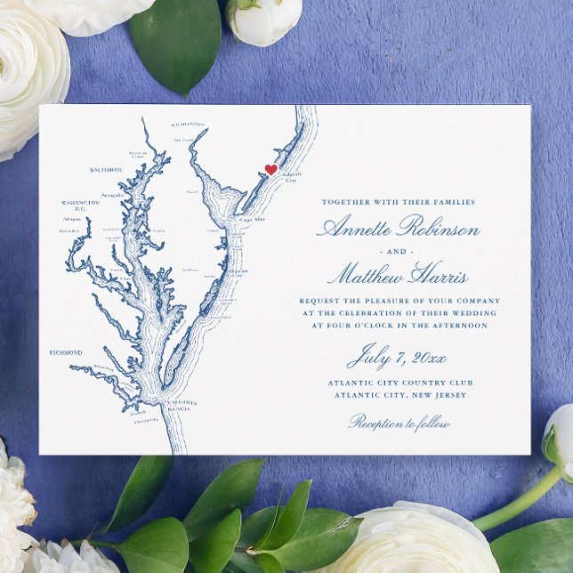 Invitación Boda elegante de Atlantic City New Jersey (Elegant Atlantic City NJ Wedding invitation with navy blue Jersey Shore map from Coastal Map Designs)