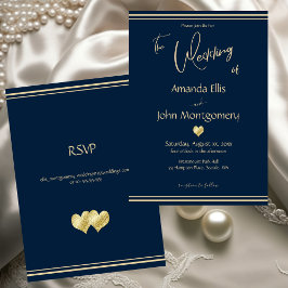 Invitación Boda elegante de azul marino y dorado con RSVP
