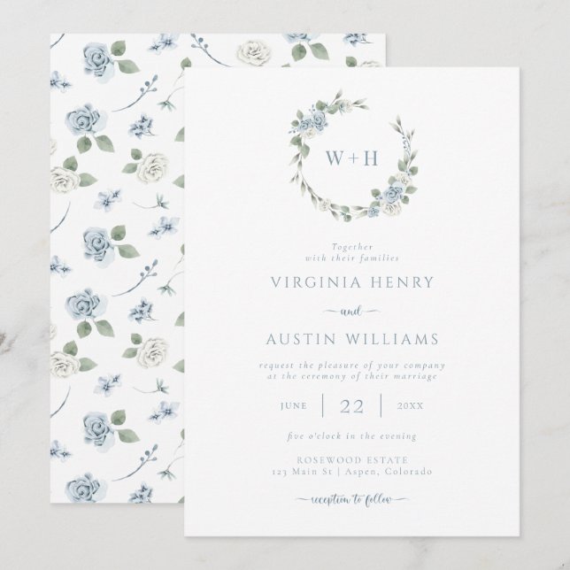 Invitación Boda elegante de azul polvoriento (Anverso / Reverso)