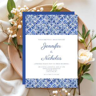 Invitación Boda Elegante de Azulejos Azules Mediterráneos
