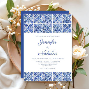 Invitación Boda Elegante de Azulejos Azules Mediterráneos