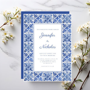 Invitación Boda Elegante de Azulejos Azules Mediterráneos