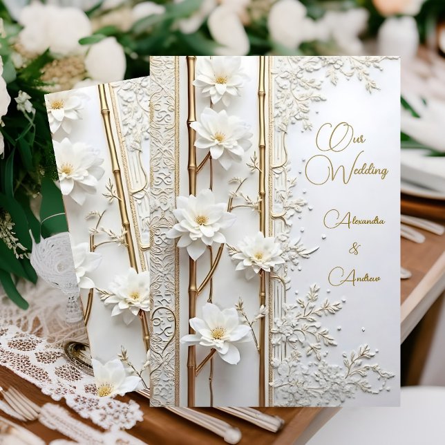 Invitación Boda elegante de bambú floral de oro blanco de éli (Subido por el creador)