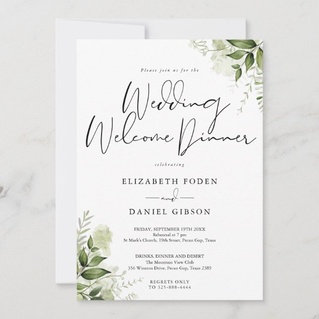 Invitación Boda elegante de bienvenida con flores y vegetació (Anverso)