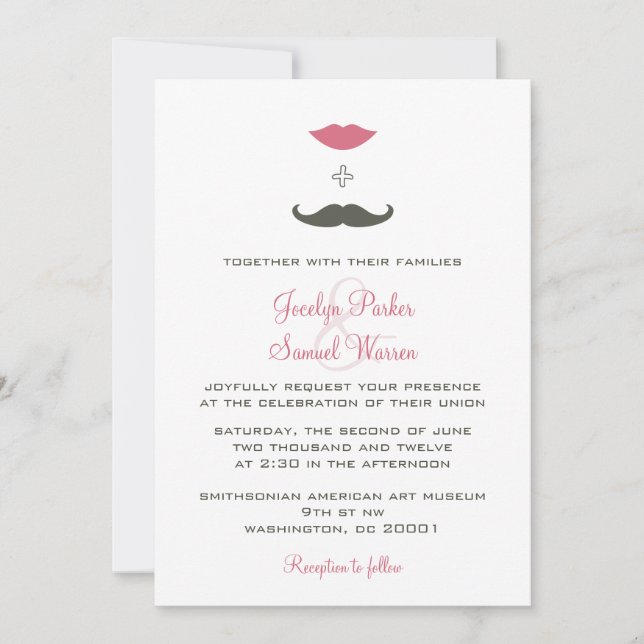 Invitación Boda elegante de bigote y labios (Anverso)