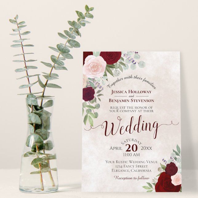 Invitación Boda elegante de Boho de Rubor Rosa y Roses Rojos (Subido por el creador)