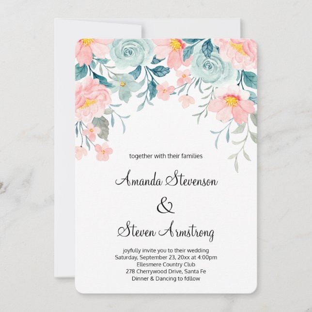 Invitación Boda elegante de borde floral rosa y verde (Anverso)