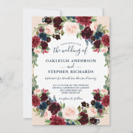 Invitación Boda elegante de Borgoña, Marina y Floral Rosa