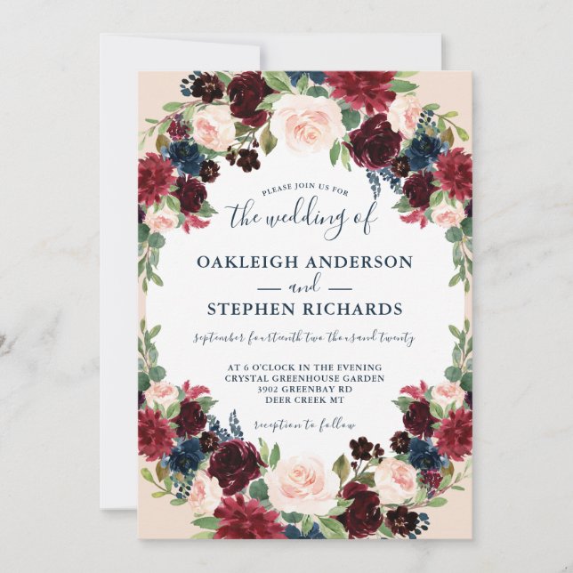 Invitación Boda elegante de Borgoña, Marina y Floral Rosa (Anverso)