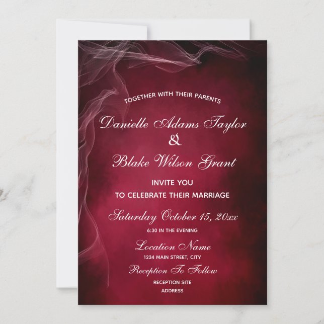 Invitación Boda elegante de Borgoña y Wispy Blanco (Anverso)
