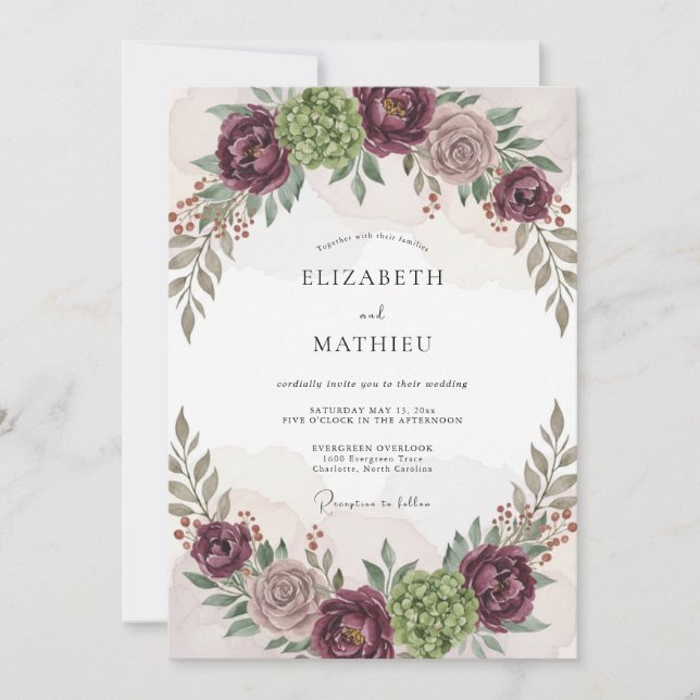 Invitación Boda elegante de bosque en Borgoña (Anverso)