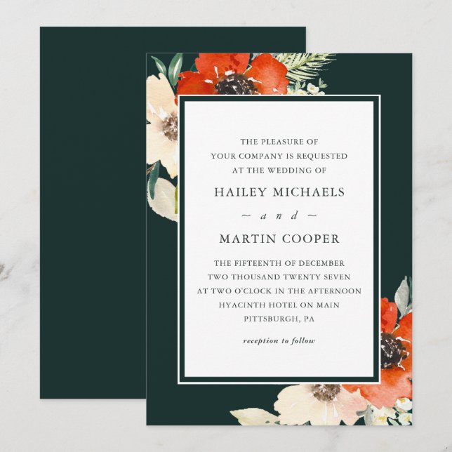 Invitación Boda elegante de Bouquet rojo floral (Anverso / Reverso)