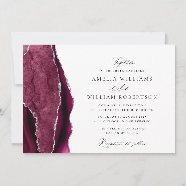 Invitación boda elegante de caligrafía burdeos y plateada (Anverso)