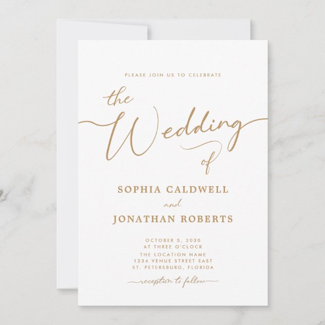 Invitación Boda elegante de caligrafía dorada All in One (Anverso)