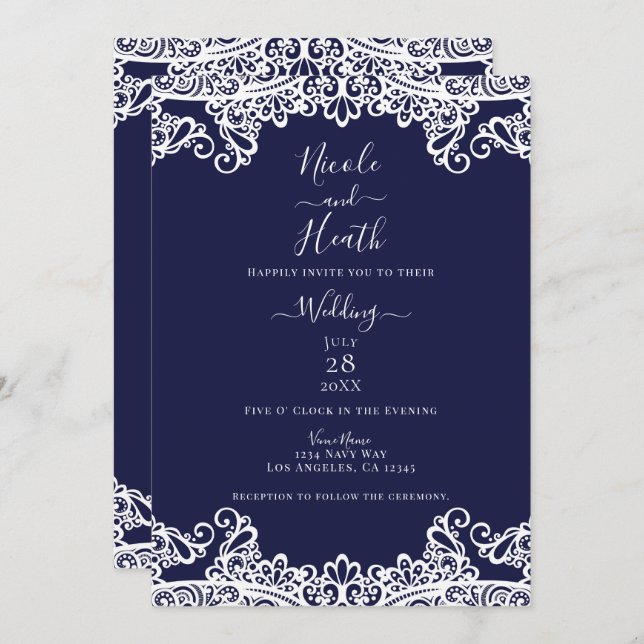 Invitación Boda elegante de canto blanco y azul de la marina (Anverso / Reverso)
