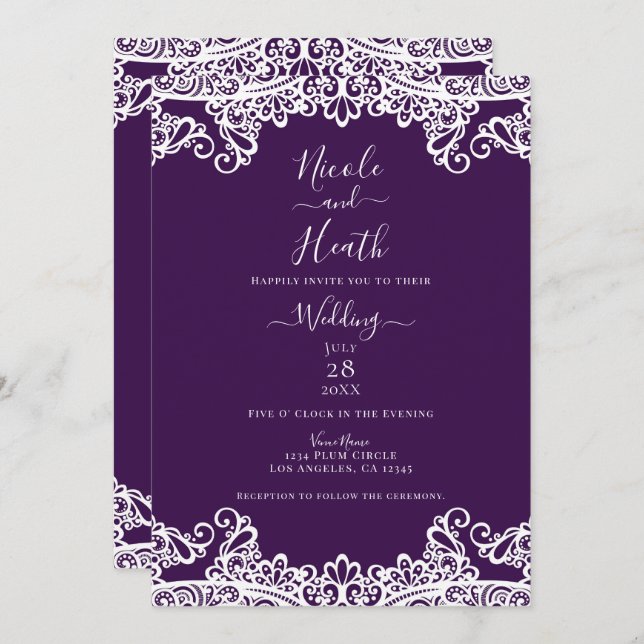 Invitación Boda elegante de ciruela oscura morada y encaje bl (Anverso / Reverso)