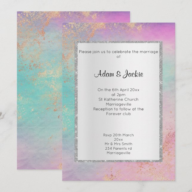 Invitación Boda ELEGANTE DE CLASE Silver Pastel Marble (Anverso / Reverso)