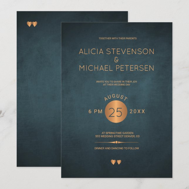 Invitación Boda elegante de cobre metálico azul marino oscuro (Anverso / Reverso)