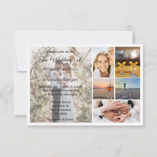 Invitación boda elegante de collage de 6 fotos (Anverso)