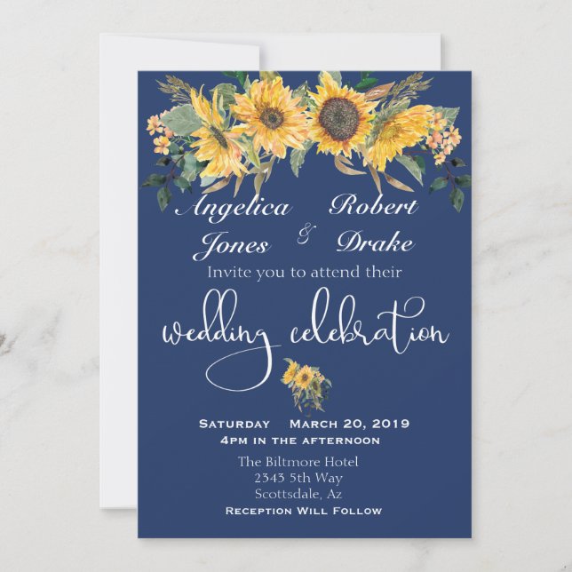 Invitación Boda elegante de color amarillo amarillo girasol d (Anverso)