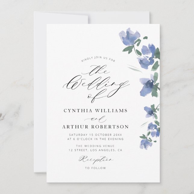 Invitación boda elegante de color azul (Anverso)