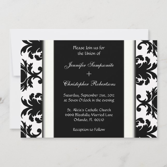 Invitación Boda elegante de color blanco y negro Damasco (Anverso)