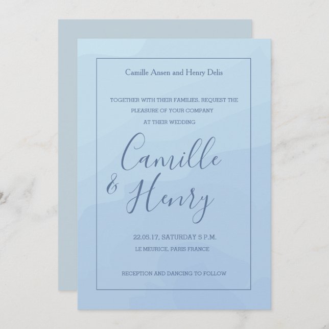 Invitación Boda elegante de color gris azul pastel (Anverso / Reverso)